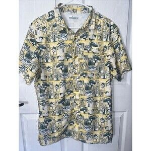 Columbia Mens Short‎ Sleeve Shirt Button Up Fishing Print Size Medium Yellow